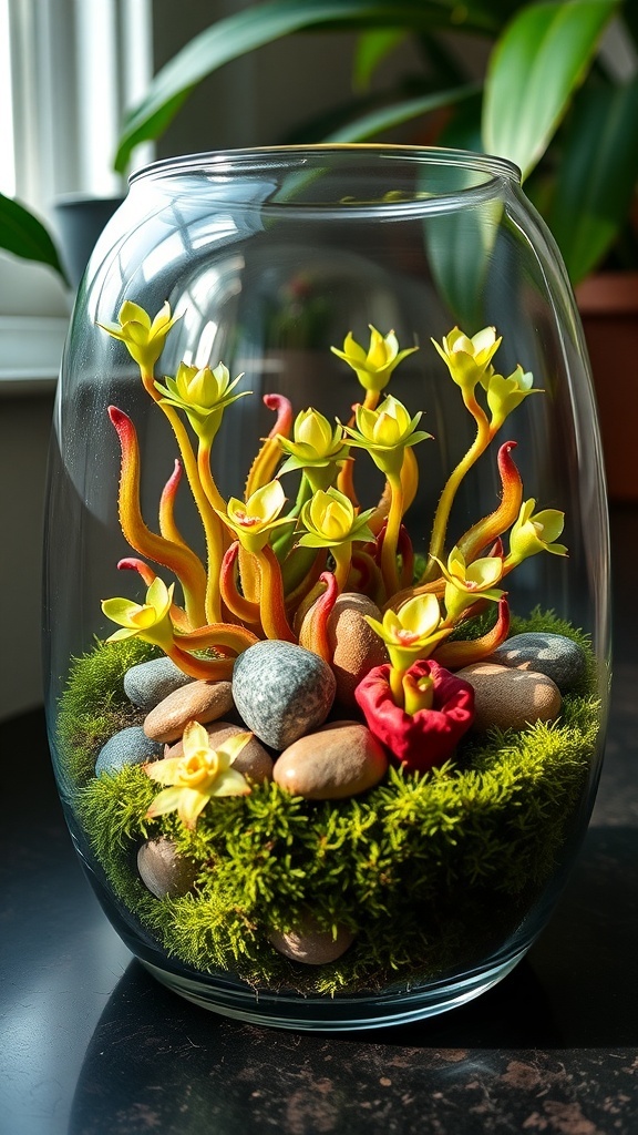 A vibrant carnivorous plant terrarium with Venus flytraps and sundews in a glass container.
